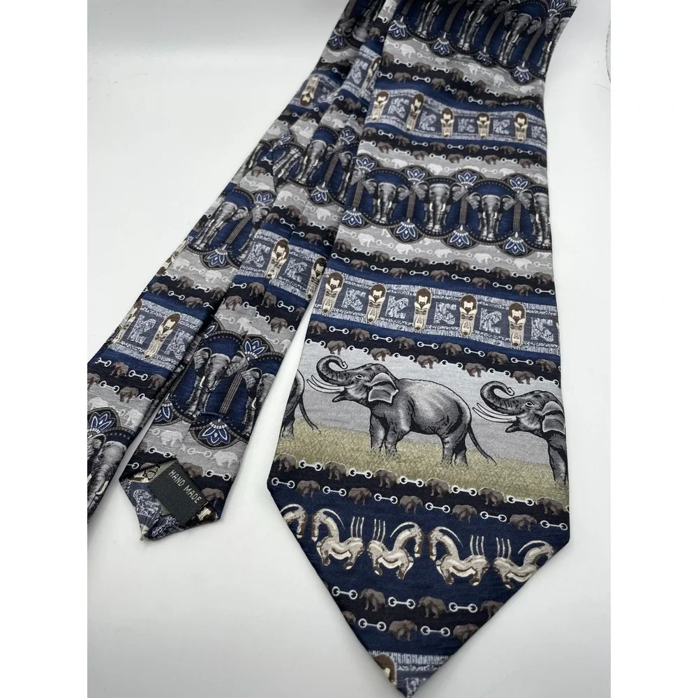 Tesoro Rosso Silk Tie Mens Navy Blue Elephant Safari Tribal Print Hand Made 4in